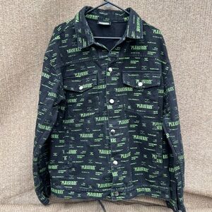 PLEASURES Mens Size Large Buttoned Black/Green Denim Jean Jacket